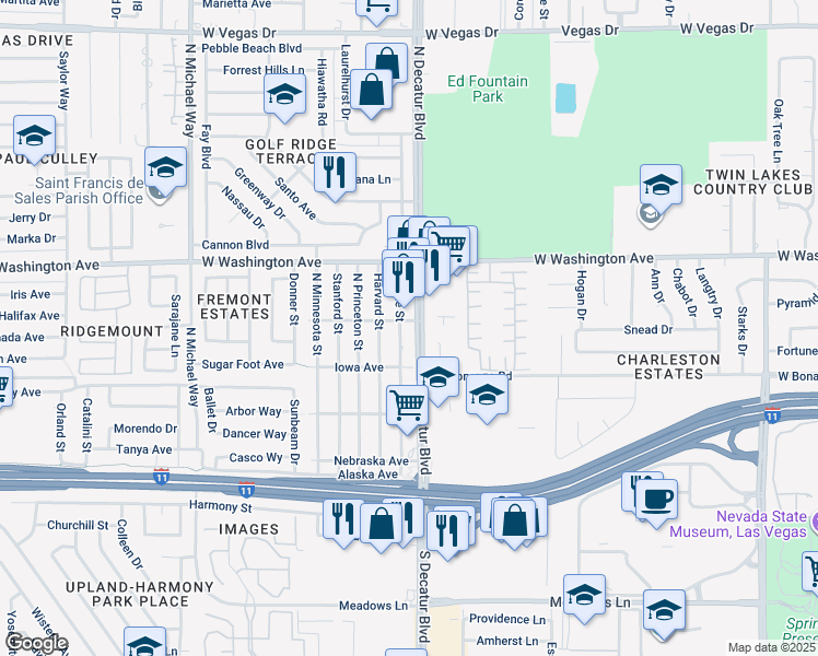 map of restaurants, bars, coffee shops, grocery stores, and more near 521 North Decatur Boulevard in Las Vegas