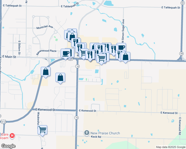 map of restaurants, bars, coffee shops, grocery stores, and more near 2929 Meridian Place in Siloam Springs