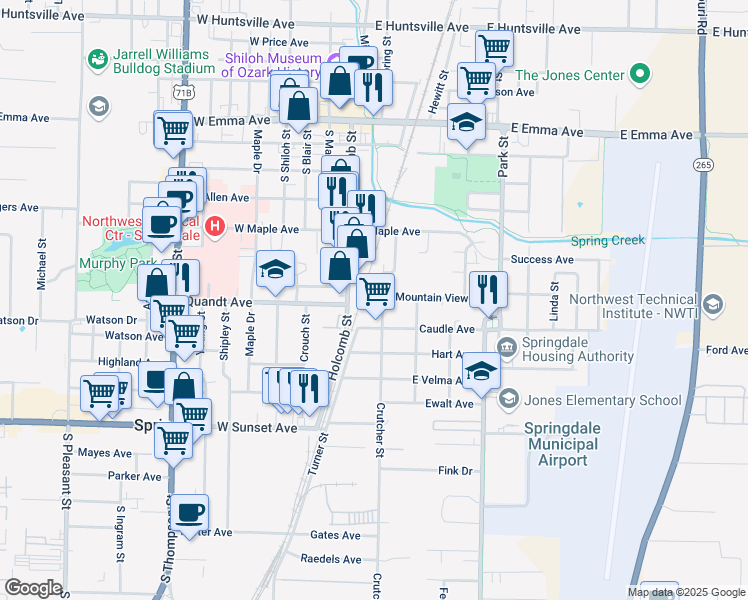 map of restaurants, bars, coffee shops, grocery stores, and more near 621 Holcomb Street in Springdale
