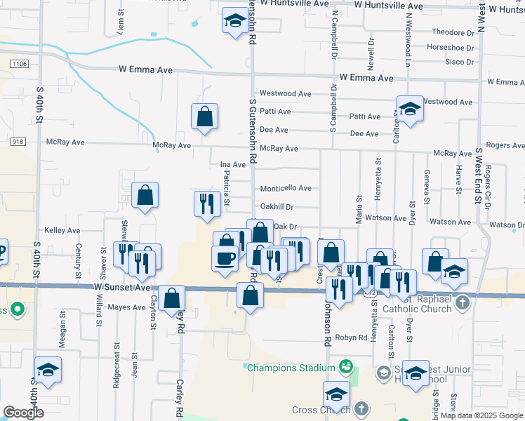 map of restaurants, bars, coffee shops, grocery stores, and more near 2107 Oakhill Drive in Springdale