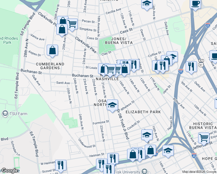 map of restaurants, bars, coffee shops, grocery stores, and more near 1743 Doctor DB Todd Junior Boulevard in Nashville