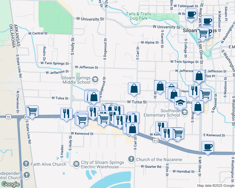map of restaurants, bars, coffee shops, grocery stores, and more near 1255 West Tulsa Street in Siloam Springs