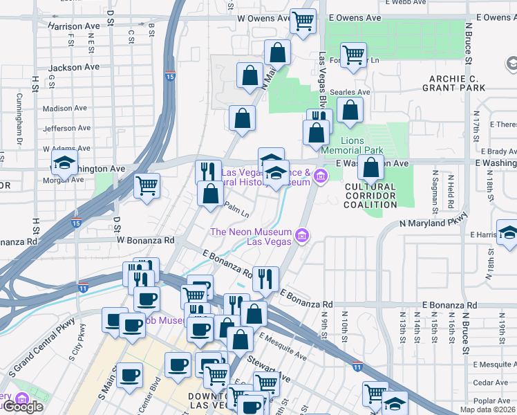 map of restaurants, bars, coffee shops, grocery stores, and more near 135 Palm Lane in Las Vegas
