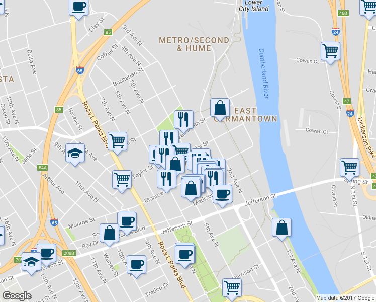 map of restaurants, bars, coffee shops, grocery stores, and more near 1400 4th Avenue North in Nashville