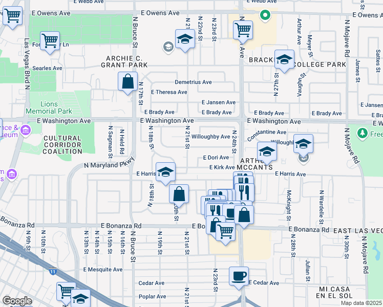 map of restaurants, bars, coffee shops, grocery stores, and more near 816 North 21st Street in Las Vegas