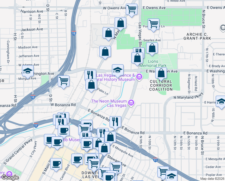 map of restaurants, bars, coffee shops, grocery stores, and more near 135 Palm Lane in Las Vegas