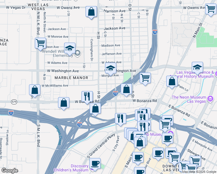 map of restaurants, bars, coffee shops, grocery stores, and more near 618 West Wilson Avenue in Las Vegas