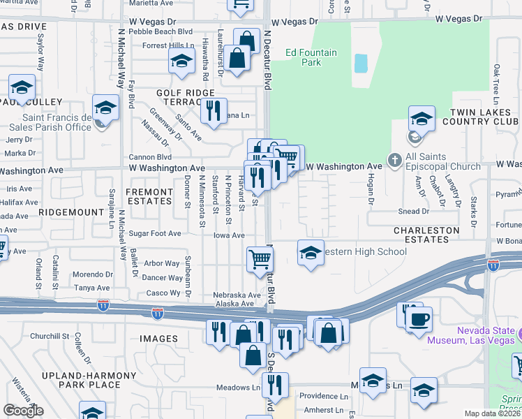 map of restaurants, bars, coffee shops, grocery stores, and more near 505 North Decatur Boulevard in Las Vegas