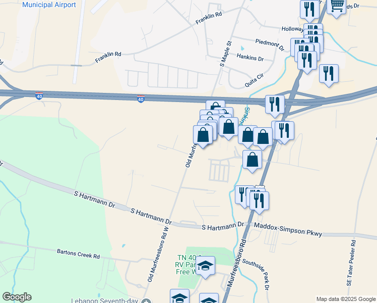 map of restaurants, bars, coffee shops, grocery stores, and more near 530 Outlet Village Boulevard in Lebanon
