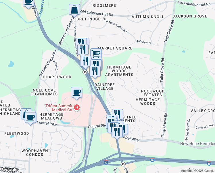 map of restaurants, bars, coffee shops, grocery stores, and more near in Nashville