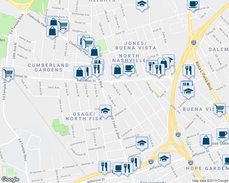 map of restaurants, bars, coffee shops, grocery stores, and more near 1724 17th Avenue North in Nashville