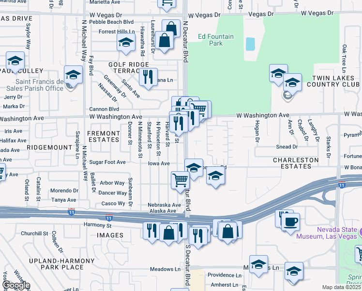 map of restaurants, bars, coffee shops, grocery stores, and more near 521 North Decatur Boulevard in Las Vegas