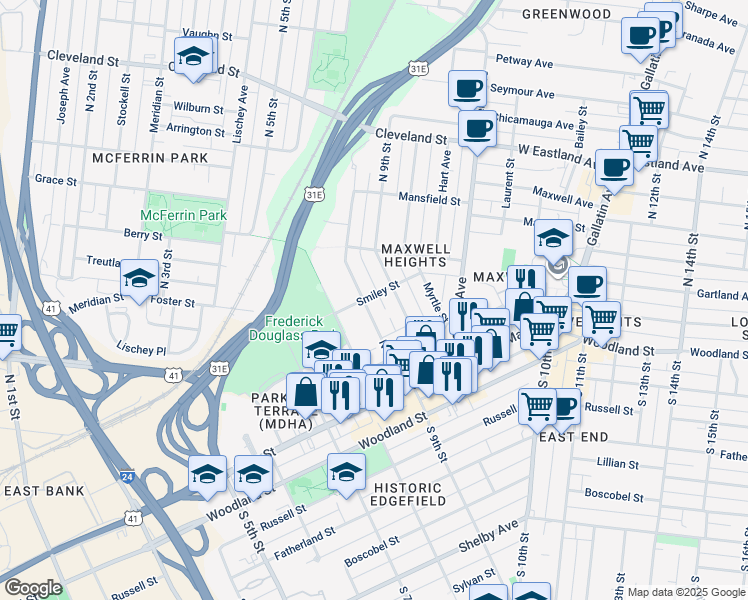 map of restaurants, bars, coffee shops, grocery stores, and more near 207C Neill Avenue in Nashville