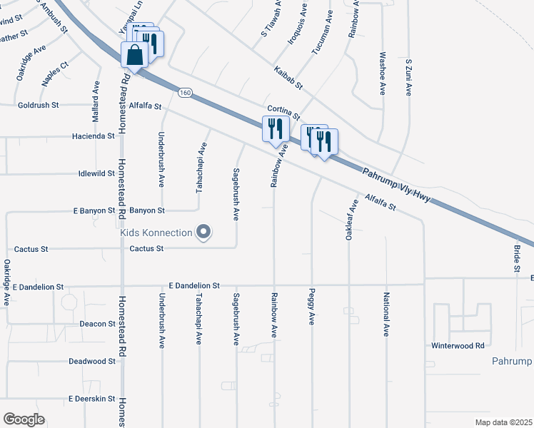 map of restaurants, bars, coffee shops, grocery stores, and more near 2770 Rainbow Avenue in Pahrump