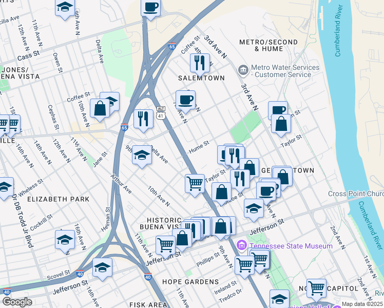 map of restaurants, bars, coffee shops, grocery stores, and more near 1400 Rosa L Parks Boulevard in Nashville