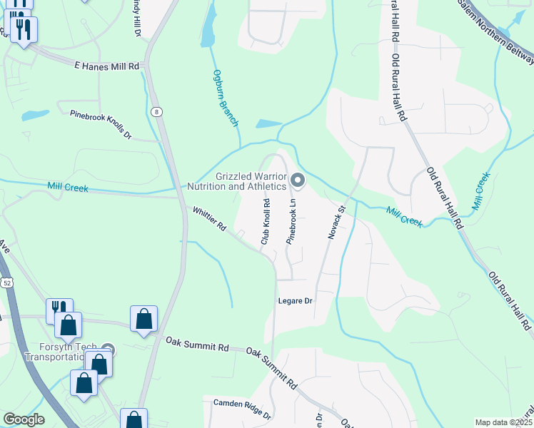 map of restaurants, bars, coffee shops, grocery stores, and more near 5560 Club Knoll Road in Winston-Salem