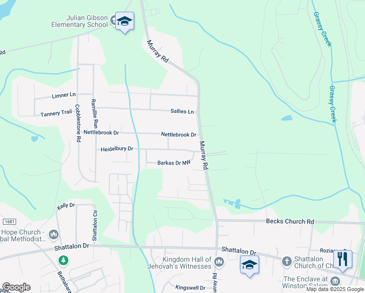 map of restaurants, bars, coffee shops, grocery stores, and more near 2020 Heidelbury Drive in Winston-Salem