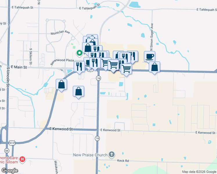 map of restaurants, bars, coffee shops, grocery stores, and more near 2790 Meridian Place in Siloam Springs