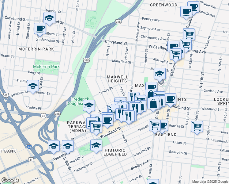 map of restaurants, bars, coffee shops, grocery stores, and more near 115D North 9th Street in Nashville