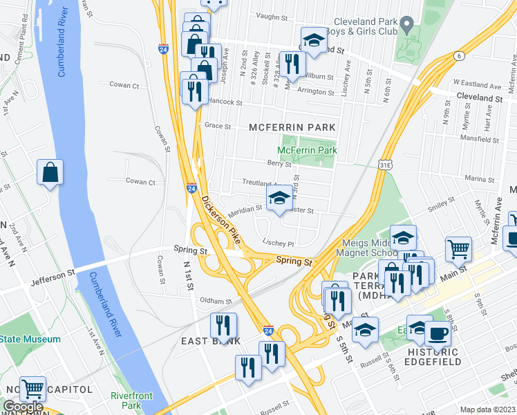 map of restaurants, bars, coffee shops, grocery stores, and more near 338 Meridian Street in Nashville