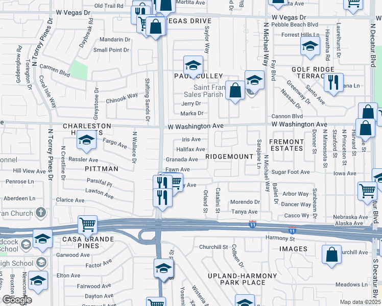 map of restaurants, bars, coffee shops, grocery stores, and more near 5817 Granada Avenue in Las Vegas