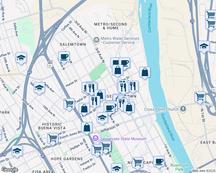 map of restaurants, bars, coffee shops, grocery stores, and more near 1322 4th Avenue North in Nashville