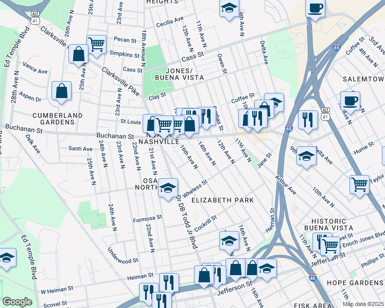 map of restaurants, bars, coffee shops, grocery stores, and more near 1726 16th Avenue North in Nashville