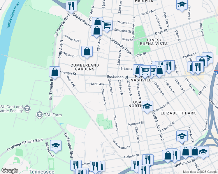 map of restaurants, bars, coffee shops, grocery stores, and more near 1728 24th Avenue North in Nashville