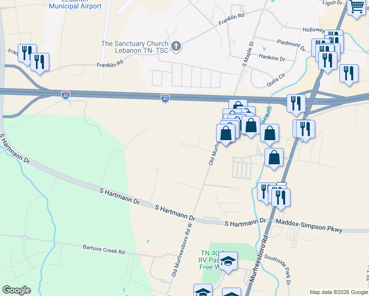 map of restaurants, bars, coffee shops, grocery stores, and more near 131 Bellvue Drive in Lebanon