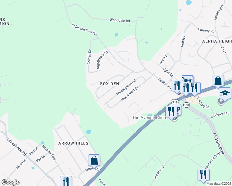 map of restaurants, bars, coffee shops, grocery stores, and more near 6296 Wintergreen Road in Morristown