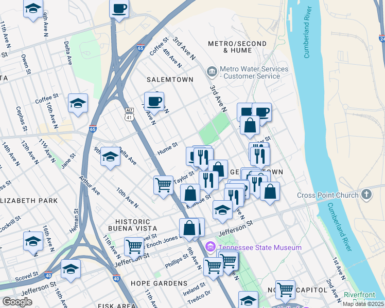 map of restaurants, bars, coffee shops, grocery stores, and more near 1515 5th Avenue North in Nashville