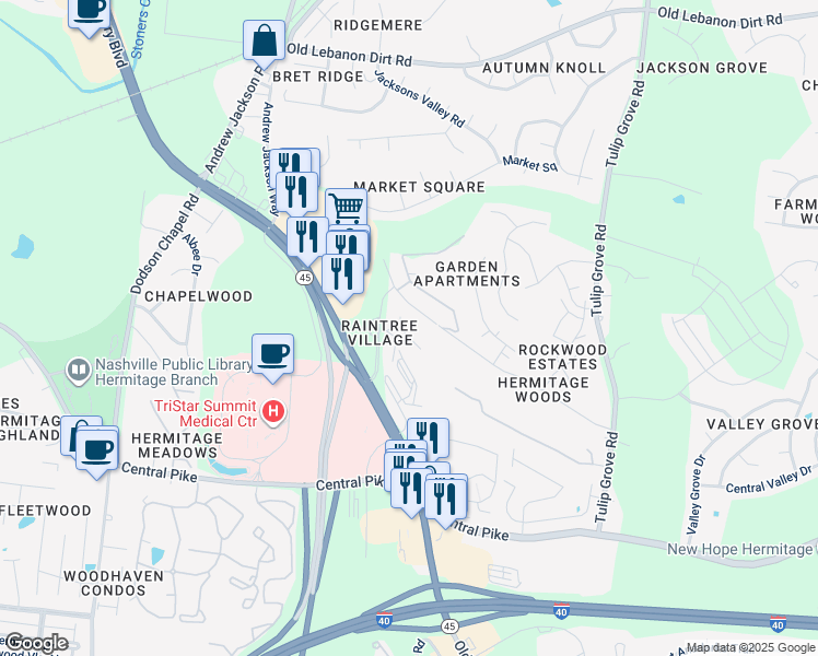 map of restaurants, bars, coffee shops, grocery stores, and more near 421 Raintree Drive in Nashville