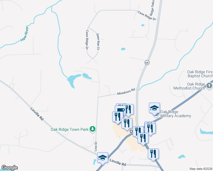 map of restaurants, bars, coffee shops, grocery stores, and more near 8328 Meadows Road in Oak Ridge