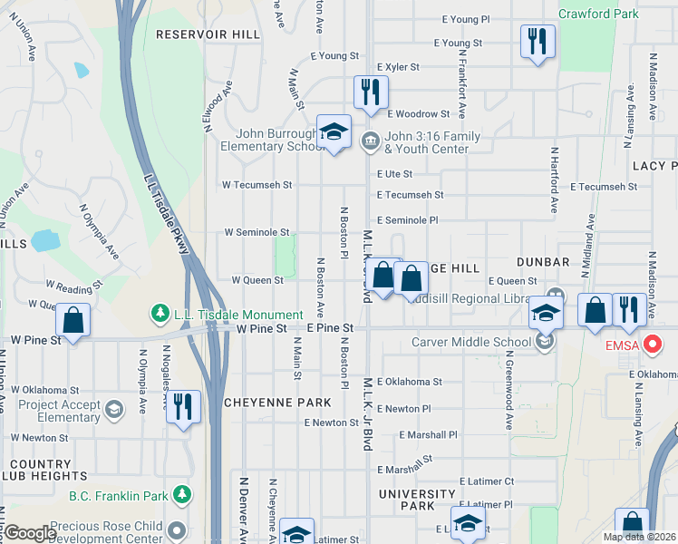 map of restaurants, bars, coffee shops, grocery stores, and more near 1543 North Boston Avenue in Tulsa