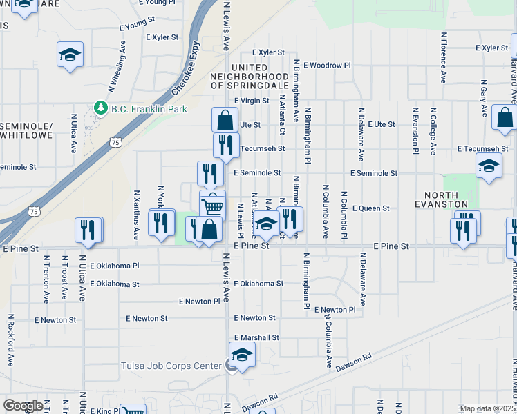 map of restaurants, bars, coffee shops, grocery stores, and more near 1603 North Atlanta Avenue in Tulsa