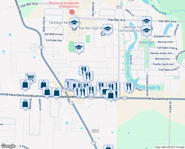 map of restaurants, bars, coffee shops, grocery stores, and more near 319 Arborside Road in Springdale