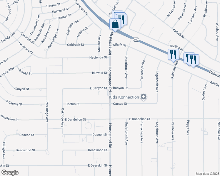 map of restaurants, bars, coffee shops, grocery stores, and more near 3051 East Banyon Street in Pahrump