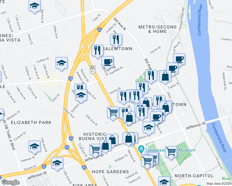 map of restaurants, bars, coffee shops, grocery stores, and more near 1400 Rosa L Parks Boulevard in Nashville