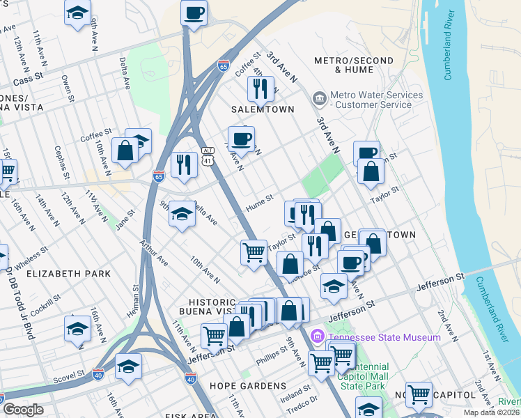 map of restaurants, bars, coffee shops, grocery stores, and more near in Nashville