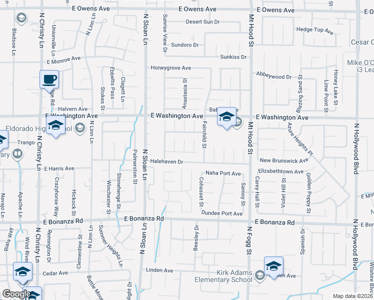 map of restaurants, bars, coffee shops, grocery stores, and more near 6030 Halehaven Drive in Las Vegas