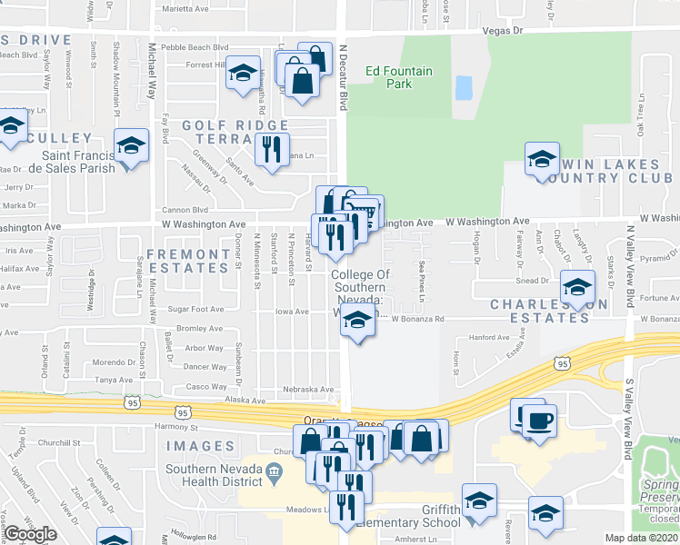 map of restaurants, bars, coffee shops, grocery stores, and more near 505 North Decatur Boulevard in Las Vegas