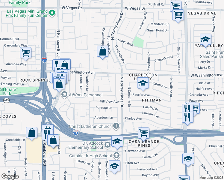 map of restaurants, bars, coffee shops, grocery stores, and more near 6413 Brushwood Lane in Las Vegas