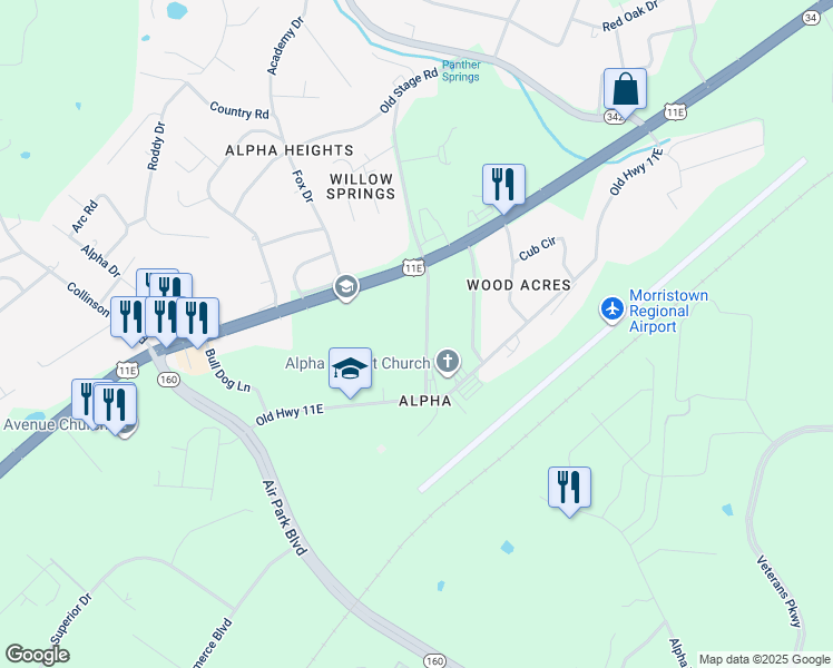 map of restaurants, bars, coffee shops, grocery stores, and more near 234 Saint John's Road in Morristown