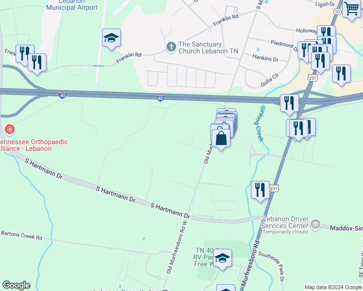 map of restaurants, bars, coffee shops, grocery stores, and more near 131 Bellvue Drive in Lebanon