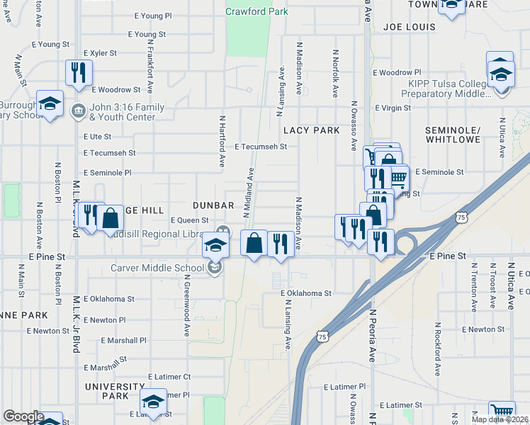 map of restaurants, bars, coffee shops, grocery stores, and more near 760 East Queen Street in Tulsa