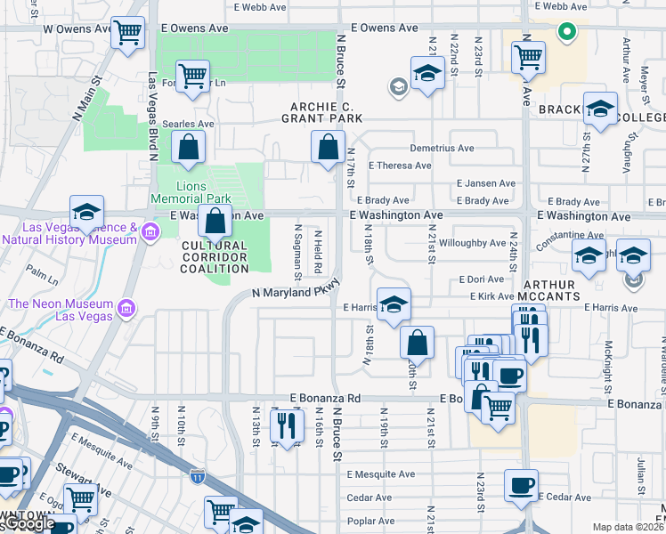 map of restaurants, bars, coffee shops, grocery stores, and more near 825 North Bruce Street in Las Vegas