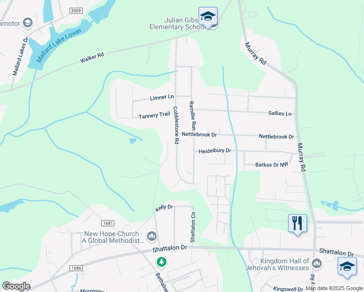 map of restaurants, bars, coffee shops, grocery stores, and more near 5054 Cobblestone Road in Winston-Salem