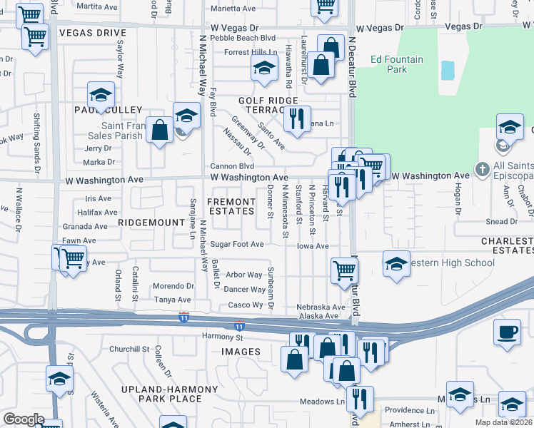 map of restaurants, bars, coffee shops, grocery stores, and more near 520 Donner Street in Las Vegas