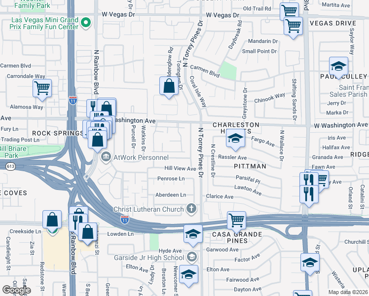 map of restaurants, bars, coffee shops, grocery stores, and more near 505 Raintree Lane in Las Vegas