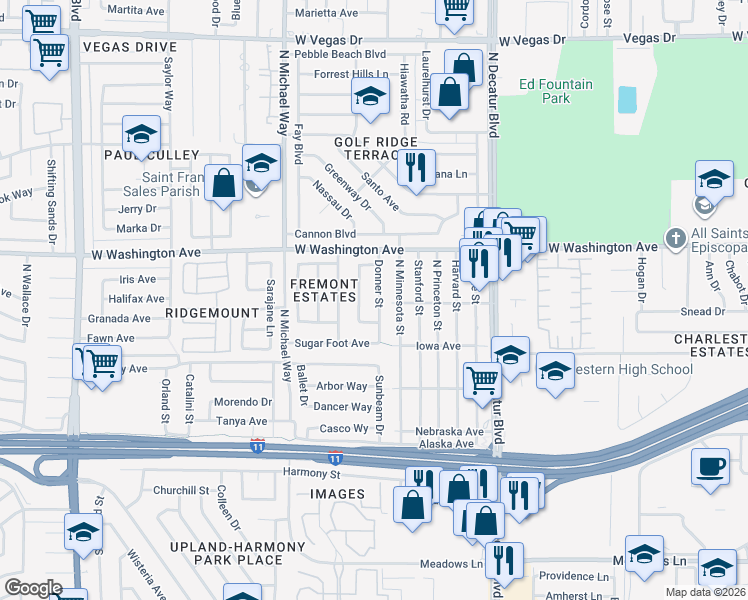 map of restaurants, bars, coffee shops, grocery stores, and more near 520 Donner Street in Las Vegas